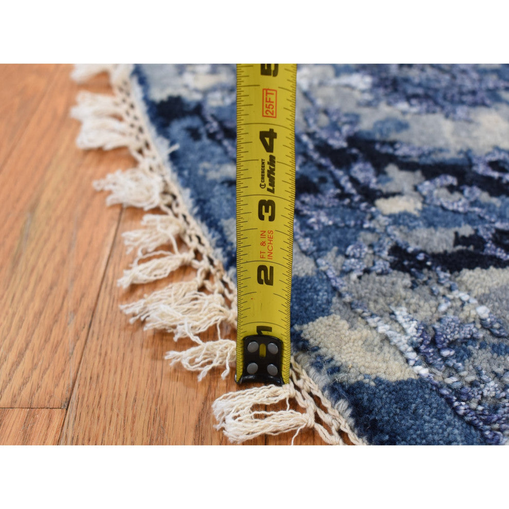 Millennium Blue Wool Silk Shibori Design Hand Knotted Round Rug 7'10" x 7'10"