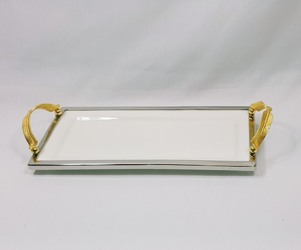 Elegance Gold Feather Ceramic Rectangular Tray With Handle