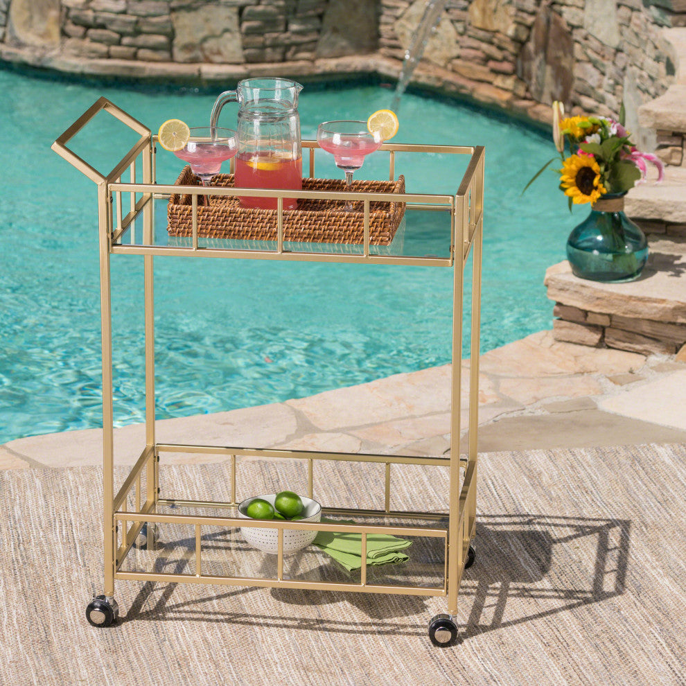 GDF Studio Louise Indoor Modern Bar Cart with Tempered Glass, Gold