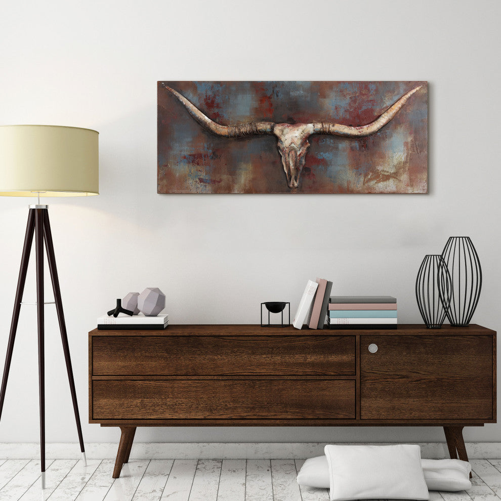 Long Horn Primo Mixed Media Hand Painted 3D Metal Wall Art