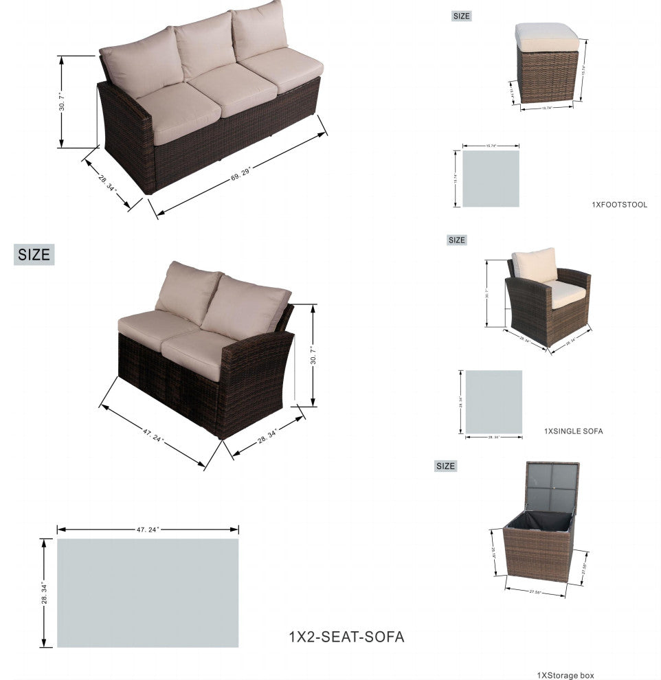 7-Piece Patio Sofa Set with Firepit and Ice Container Dining Table, Brown