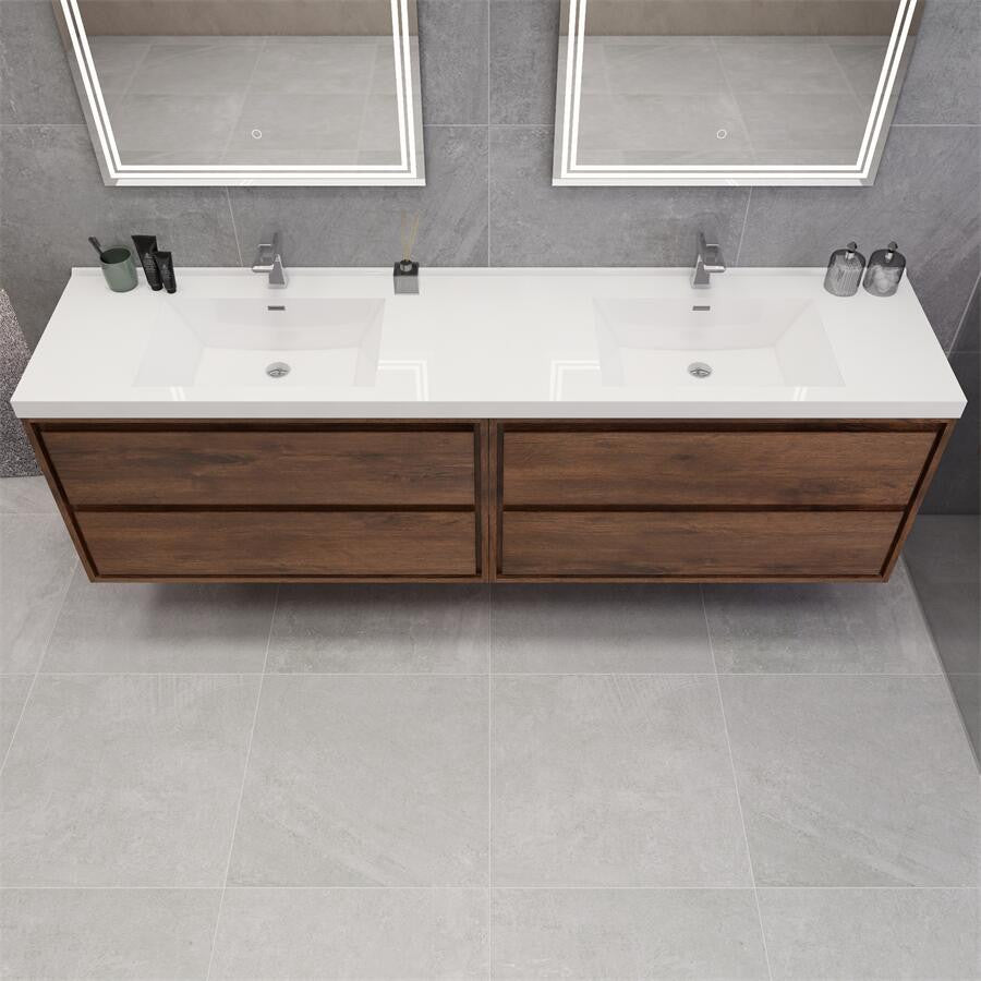 MOM 84 Wall Mounted Vanity With 4 Drawers and Acrylic Double Sink, Rose Wood