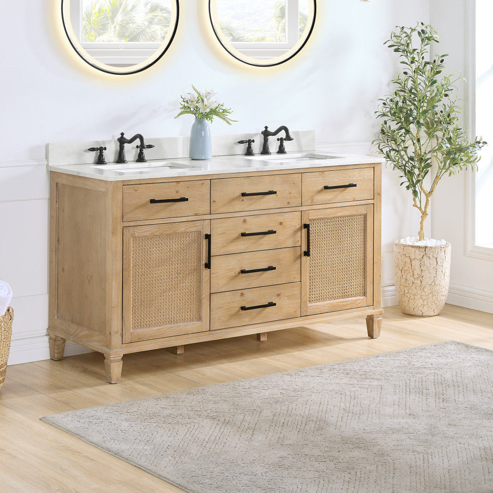 Solana Bathroom Vanity with Calacatta White Quartz Stone Countertop, Weathered Fir, 60", Without Mirror