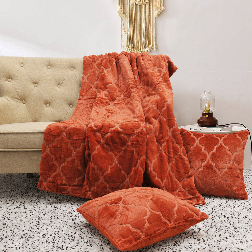 Ogee Tatami Faux Fur Throw Blanket and Pillow Shell Set, Burnt Orange