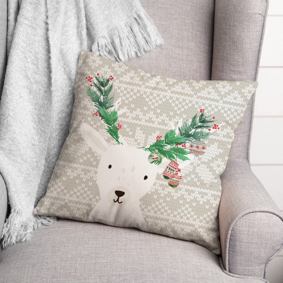Tan Winter Deer With Leaves 16x16 Spun Poly Pillow