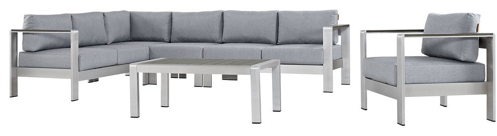 Modway Shore 6 Piece Outdoor Patio Aluminum Sectional Sofa Set, Silver Gray