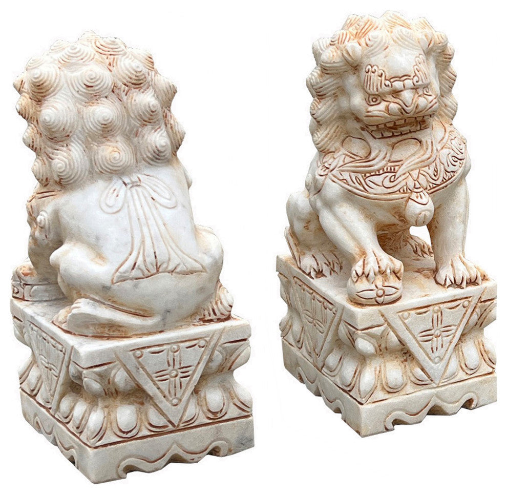 Chinese Small Pair Cream White Marble Stone Fengshui Foo Dogs Statues Hws3068