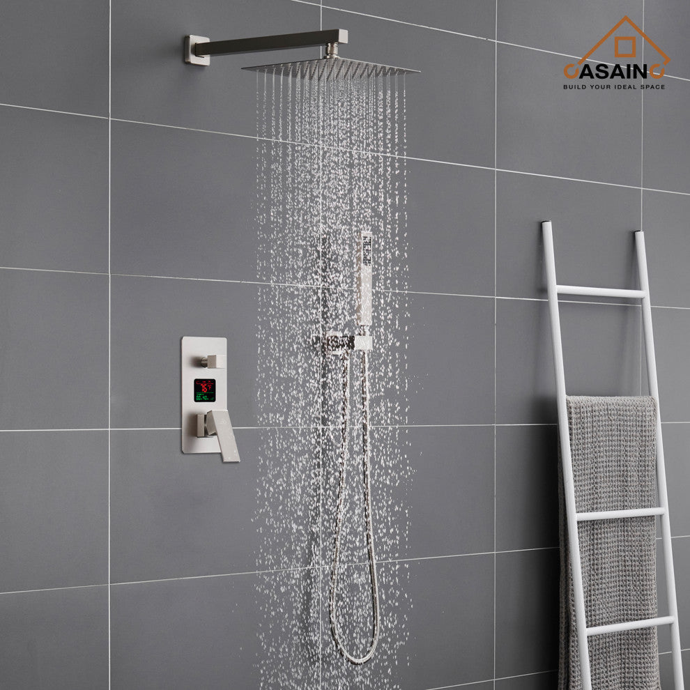 CASAINC 10" Wall Mounted Luxury Shower System Set with Digital Temp Display, Brushed Nickel