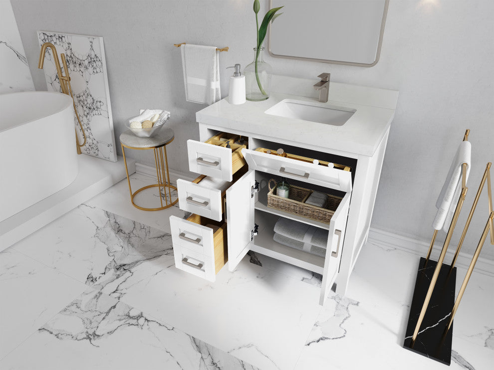 Cambridge 36 Right Offset Bath Vanity in White 2" Calacatta Nuvo