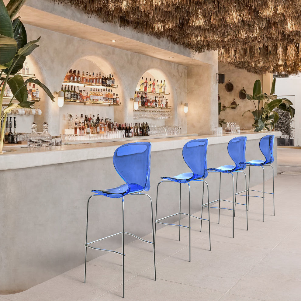 LeisureMod Oyster Acrylic Barstool With Steel Frame Set of 2, Transparent Blue