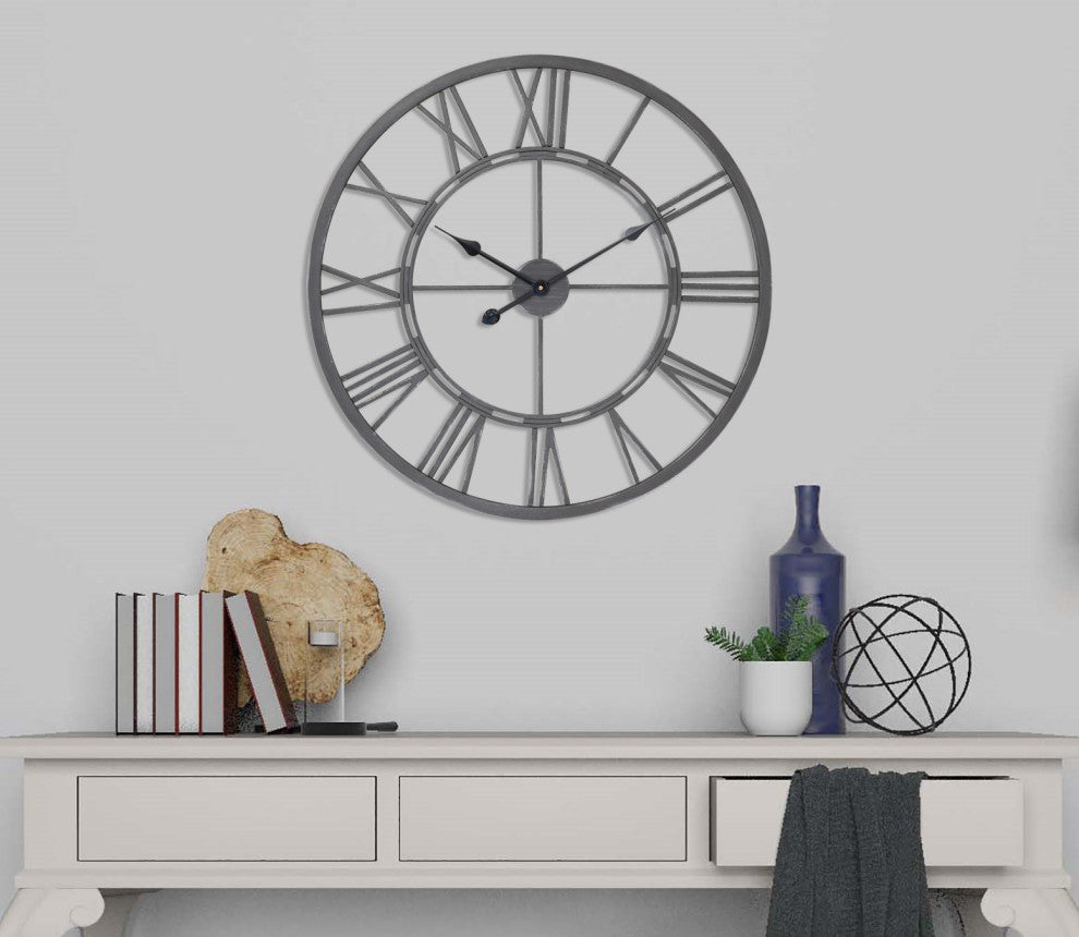 UTOPIA ALLEY Oversized Roman Round Wall Clock, 27" Diameter, Gray