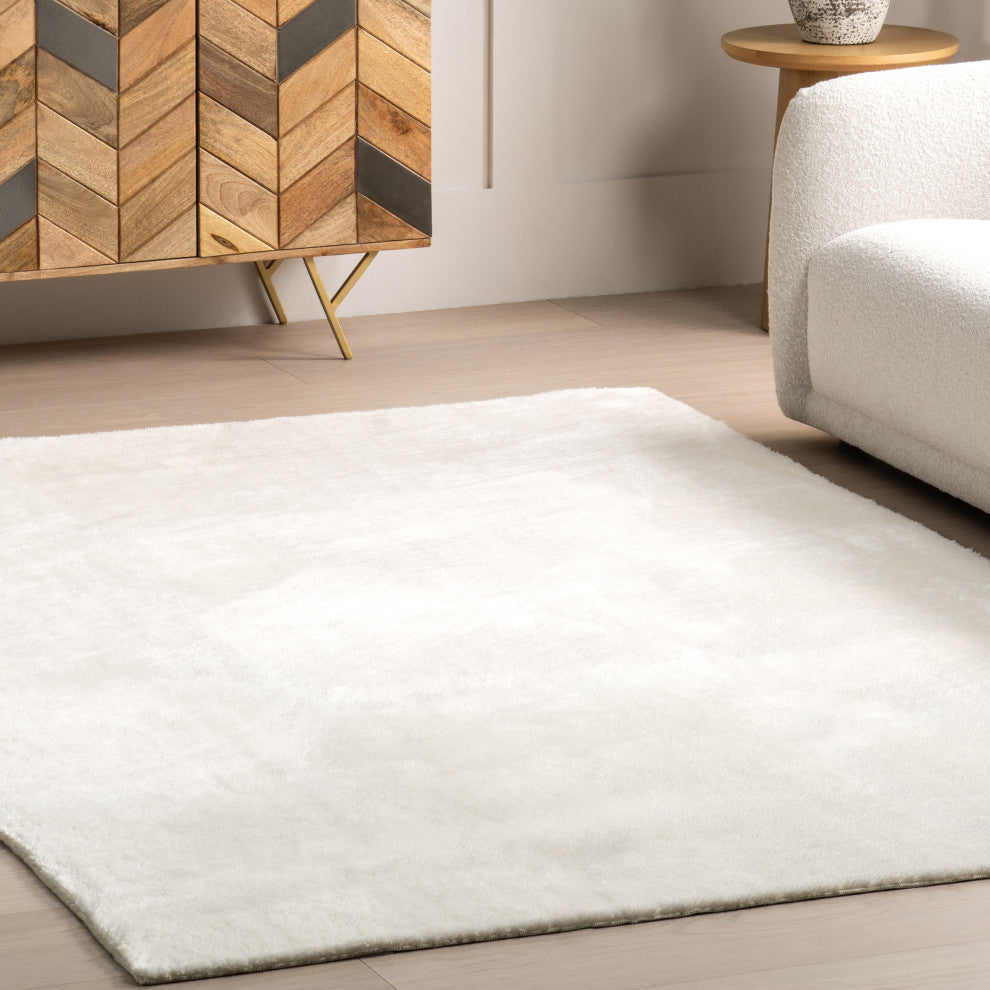 nuLOOM Loni Solid Machine Washable Shag Area Rug, White, 6'round
