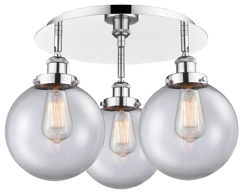 Canton-3 Light 20" Flush Mount-Polished Chrome, Clear Glass Shade