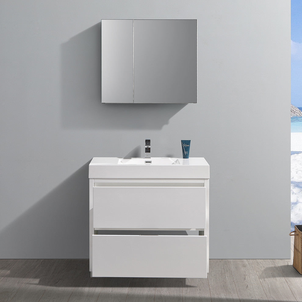 Valencia 36" Glossy White Free Standing Vanity Set, Cabinet, Faucet FFT1030CH
