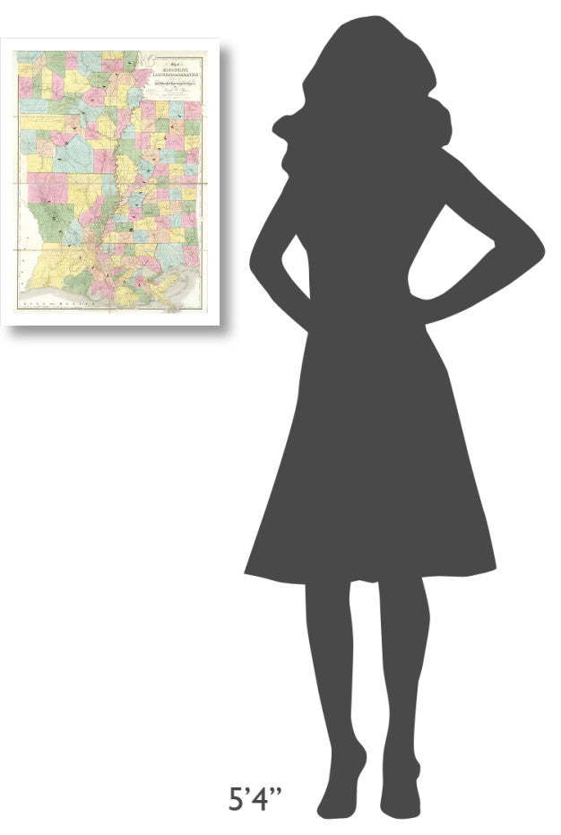 "Map of Mississippi, Louisiana and Arkansas, 1839" Paper Art, 18"x24"