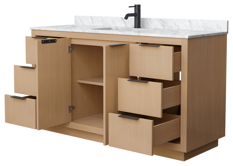 Maroni 60" Light Straw Single Vanity, White Carrara Marble Top, Black Trim