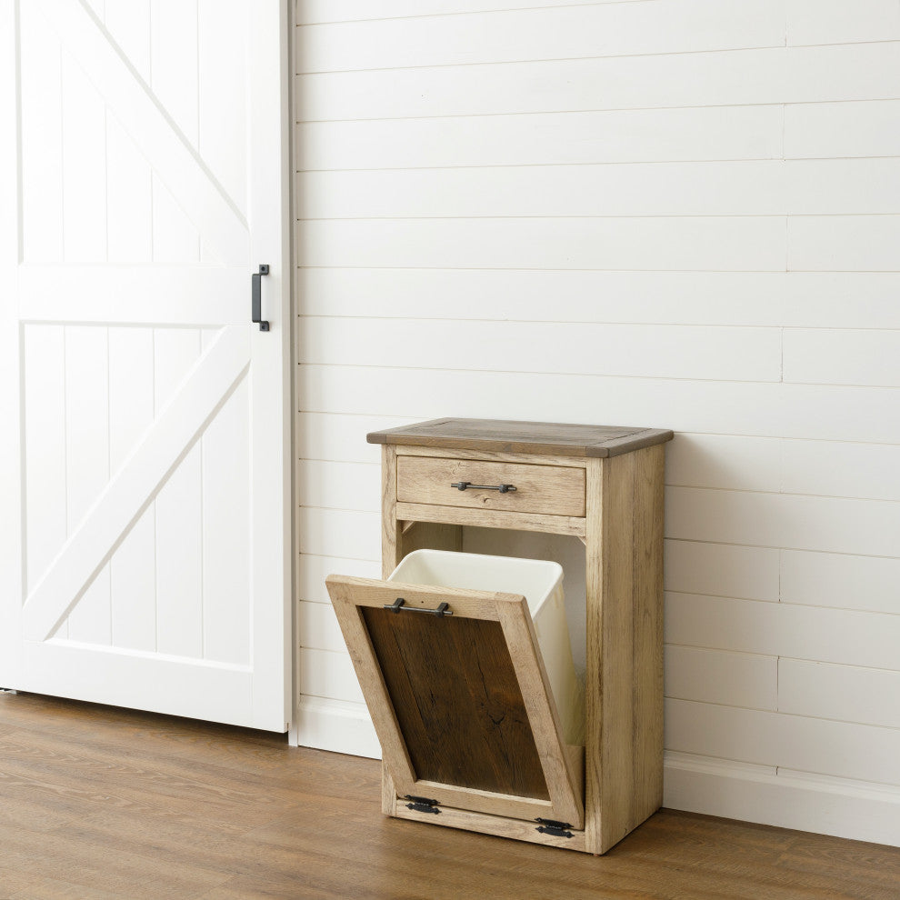 Reclaimed Oak Tilt-out Garbage Bin With Drawer, White With Van Dyke Brown and Smoked Hickory