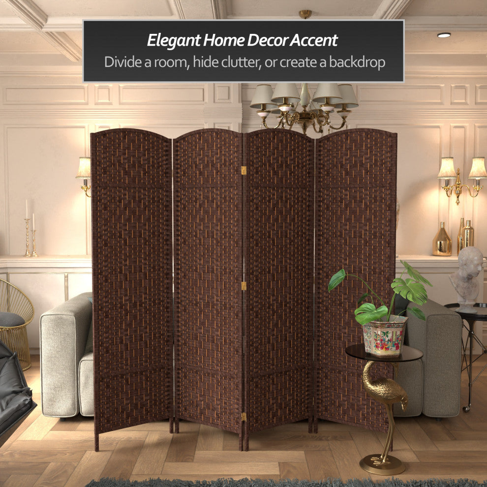 6' Tall Diamond Weave Fiber Room Divider, Dark Mocha, 4 Panel