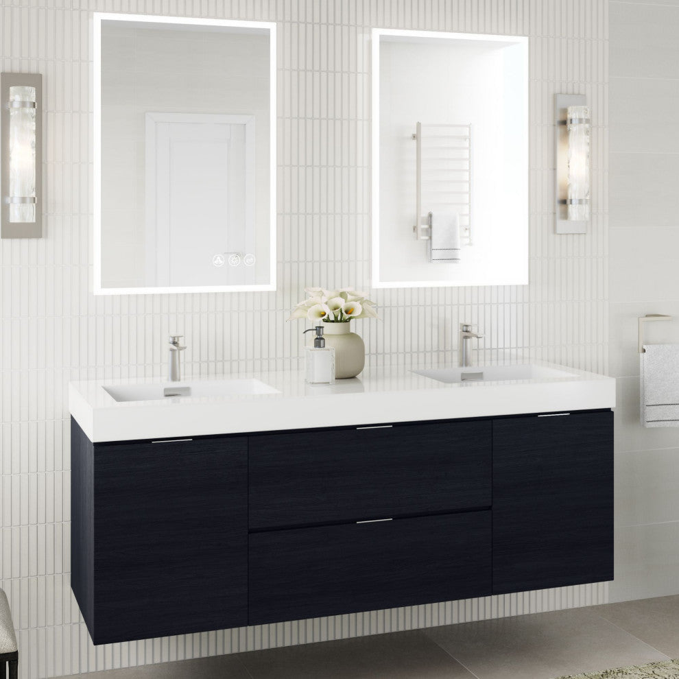 Boutique Bath Vanity, Black, 60", Double Sink, Wall Mount