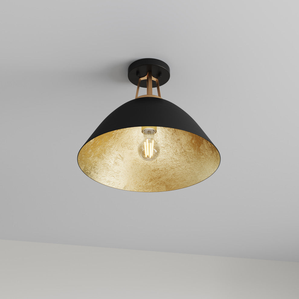 Farmhouse Gold Leaf Inside Semi Flush Mount Ceiling Light, Black
