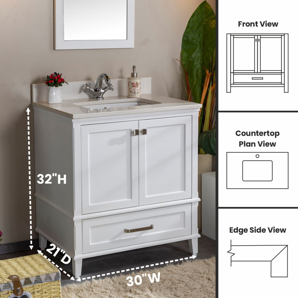 Nera Collection 30" Bath Vanity Quartz Top and Ceramic Sink, White, 30"