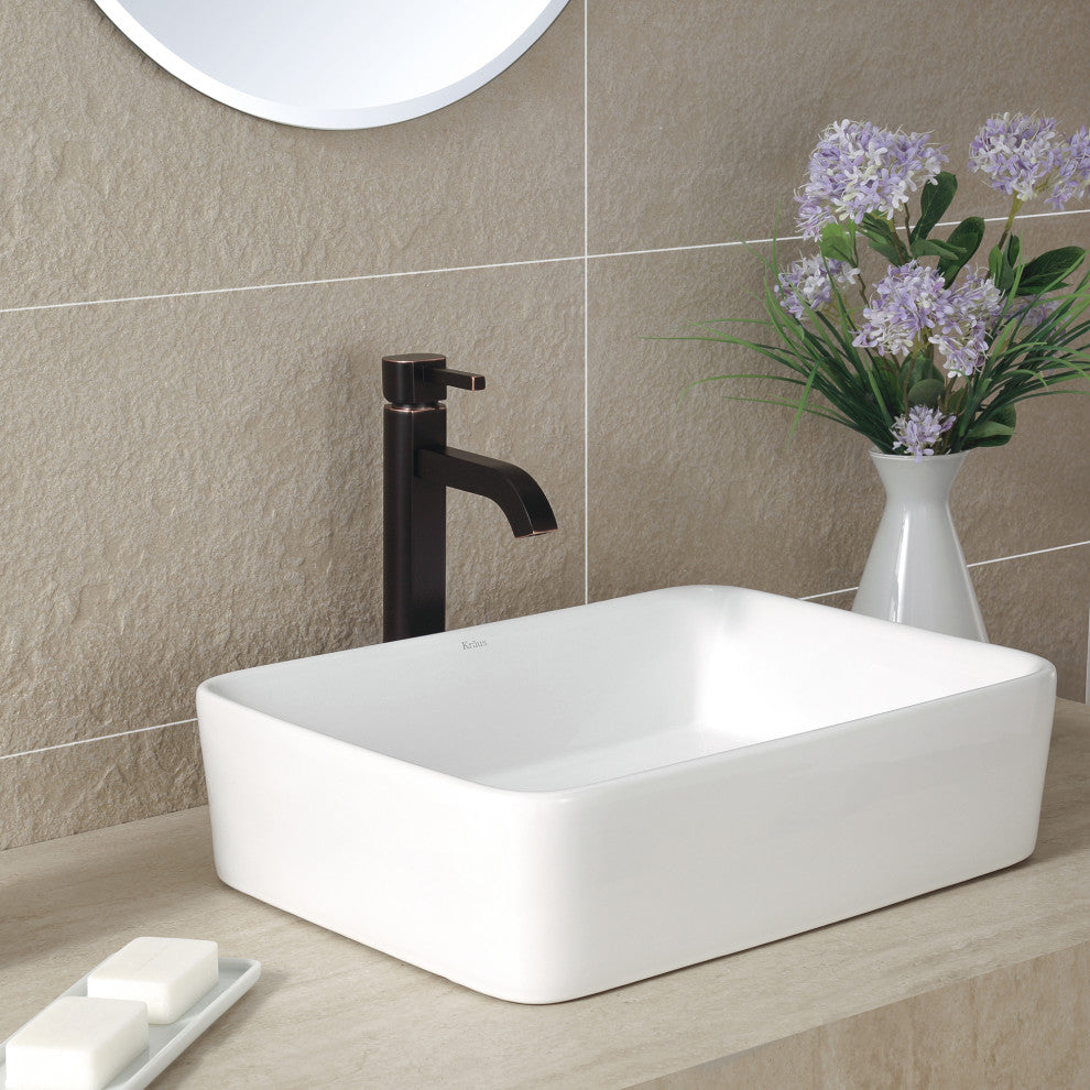 Elavo Ceramic Rectangle Vessel White Sink, PU Drain Oil Rubbed Bronze