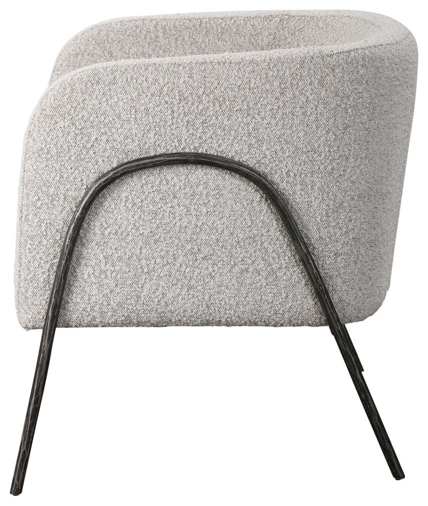 Retro Modern Gray Barrel Back Accent Chair Iron Frame Textured Fabric Scandi