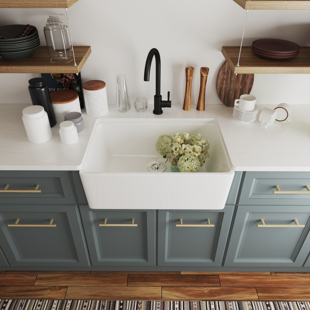 White 24 Inch Small Farmhouse Ceramic Sink with Bottom Grid and Strainer