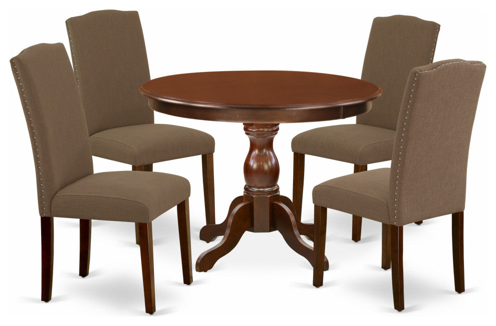 5Pc Kitchen Set, Mahogany Dining Table, 4 Dark Coffee Chairs Back