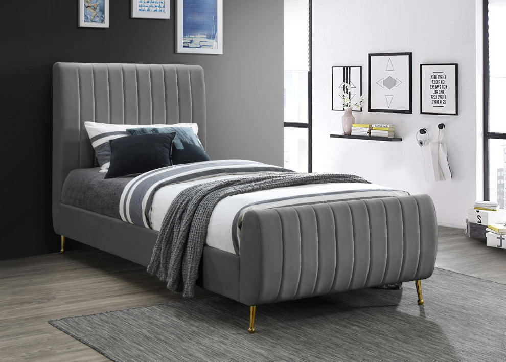 Zara Channel Tufted Velvet Upholstered Bed With Custom Gold Legs, Gray, Twin