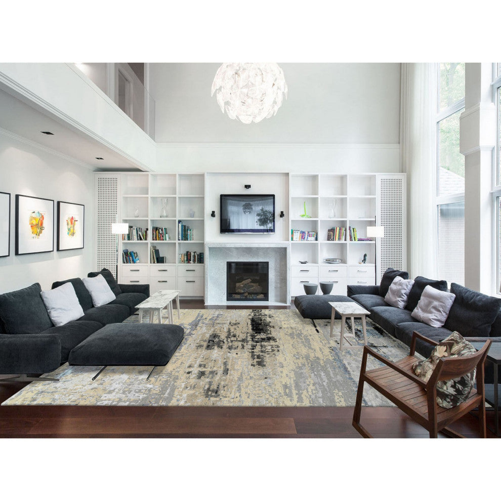 Gray Wool and Silk Hand Knotted Modern Abstract Design Oversized Rug 12'0"x17'9"