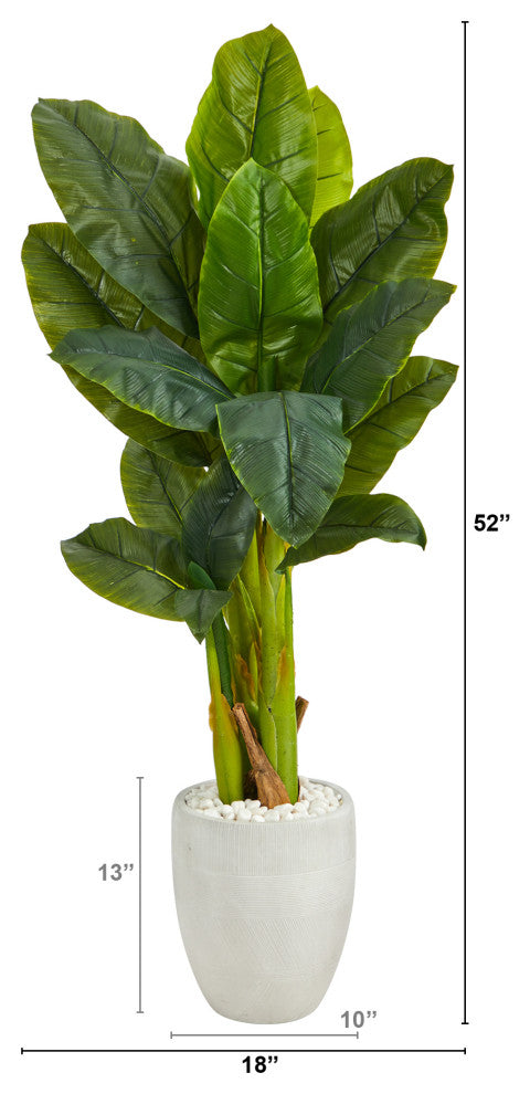 52" Triple Stalk Artificial Banana Tree, White Planter, Real Touch