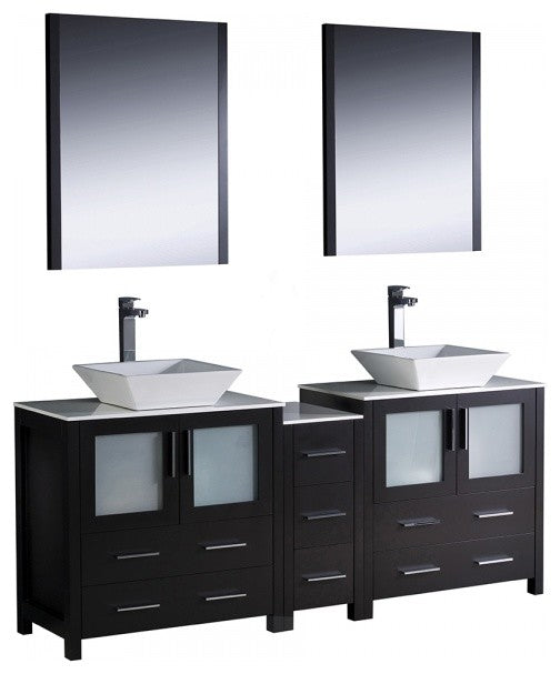Torino 72" Espresso Double Sink Bathroom Vanity, Side Cabinet, Vessel Sinks