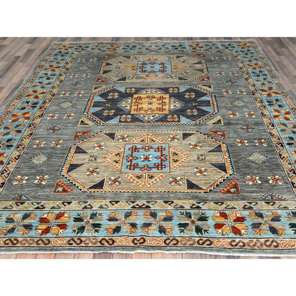 Cadet Gray Armenian Inspired Caucasian Design Wool Hand Knotted Rug 8'3"x9'9"