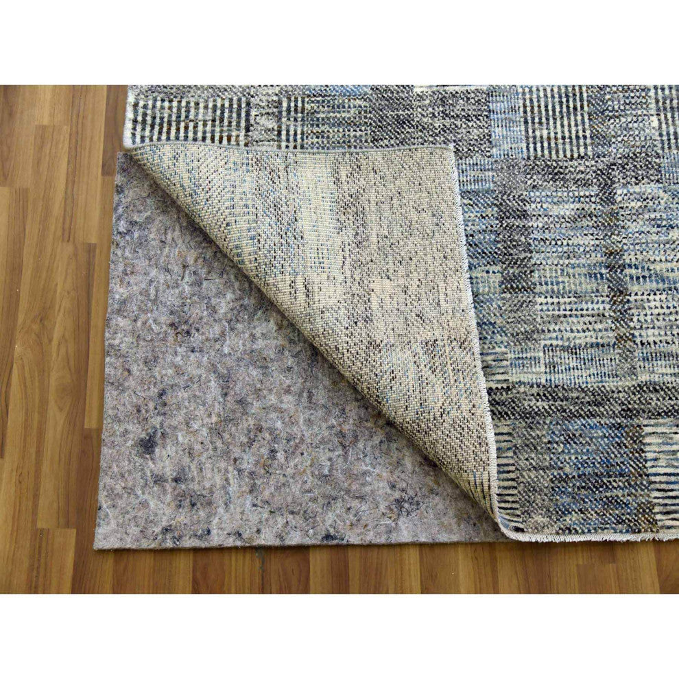 Beige Hand Knotted Geometric Opened Up Plaid Design 100% Wool Rug, 8'0"x10'2"