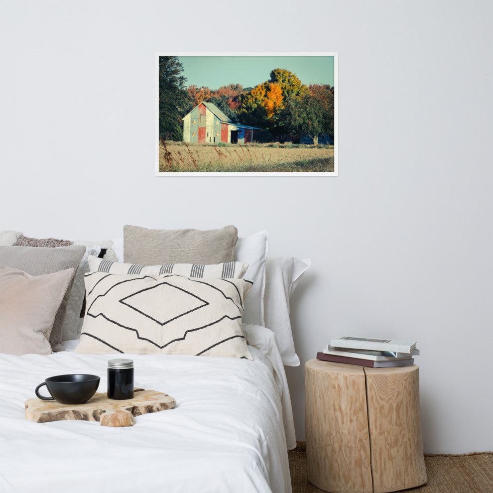 Patriotic Weathered Barn in Field Cross Processed Framed Photo Wall Art Prints, White, 24" X 36"