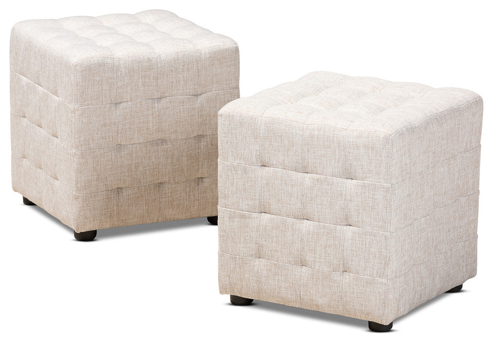 Jodene Beige Fabric Upholstered Tufted Cube Ottoman Set of 2