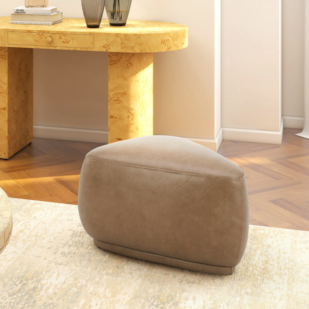 Pebble 26" Rounded Triangle Cocktail Ottoman, Tuscan Tan Brown Top Grain Leather