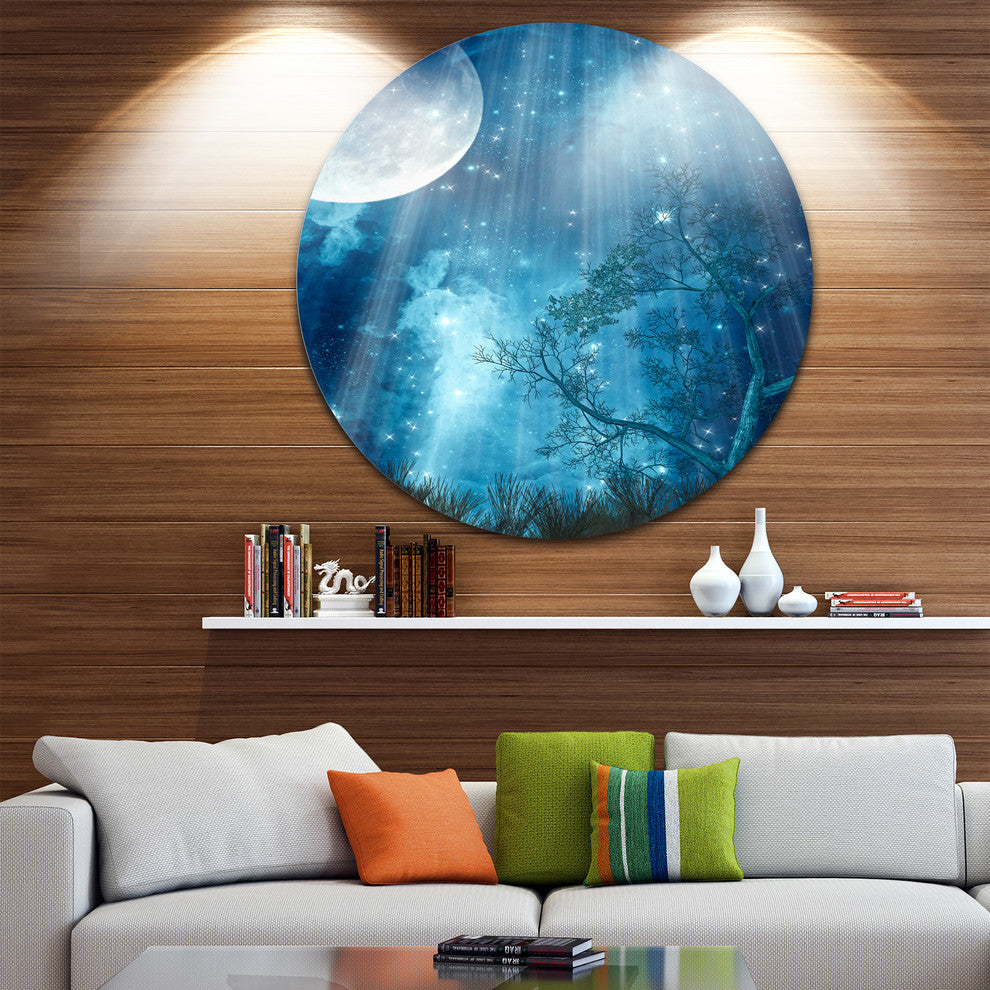 Big Moon In Blue Forest, Landscape Art Disc Metal Artwork, 11"