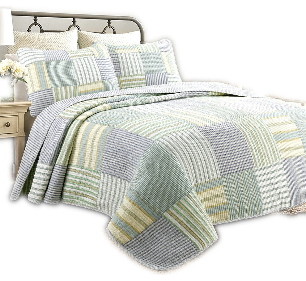 Fresno Green Stripe Real Patchwork 100%Cotton Quilt Set, King Set