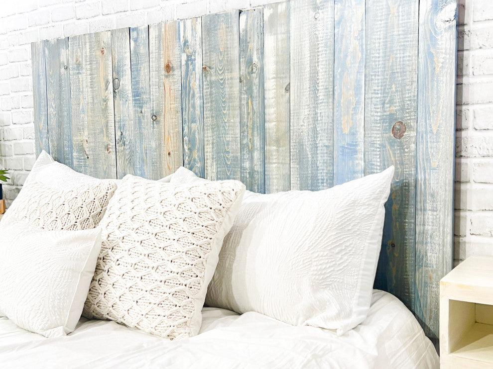 Solid Wood Headboard with Smooth Natural Wood Grain, Wall Mounted, Farmhouse, Blue Powderwash, Queen