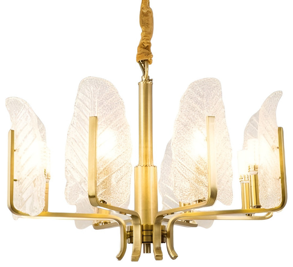 Lyss | Luxury Brass Chandelier with Leaves of Frosted Glass for Living Room, 8 Lights