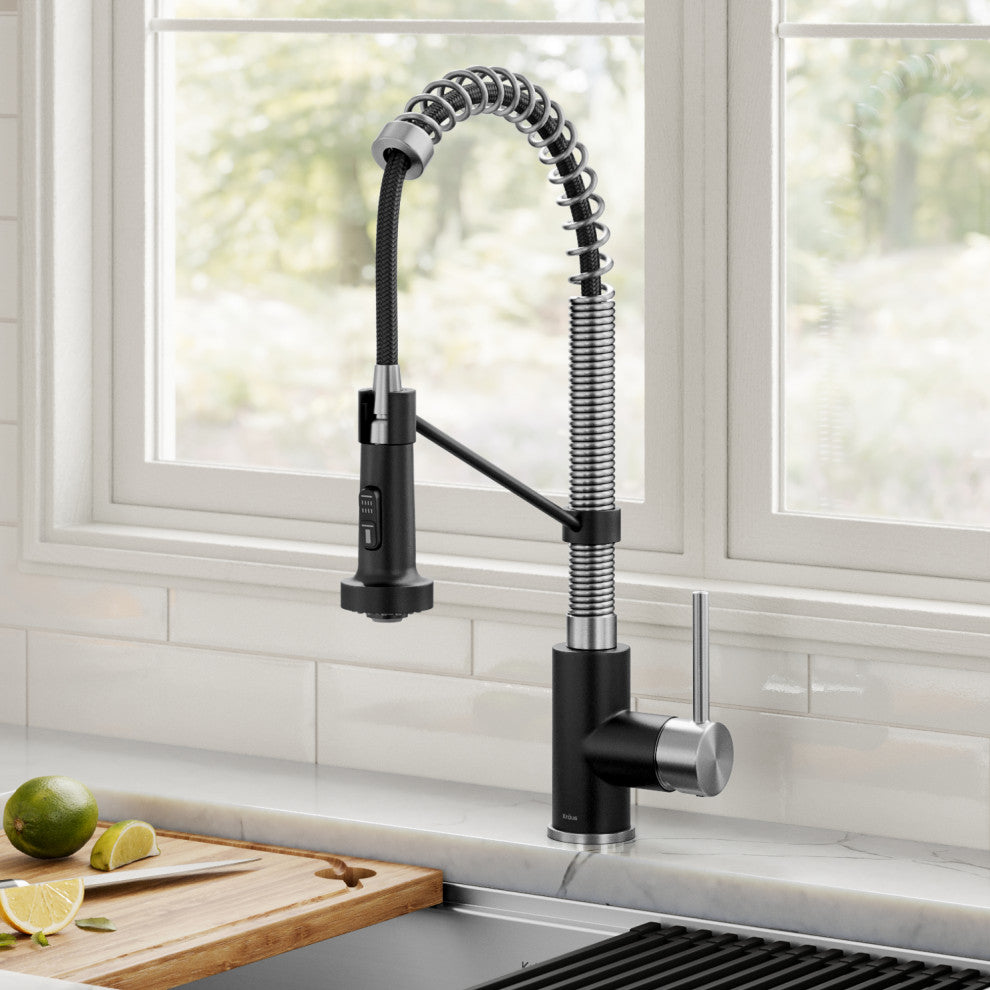 Bolden Commercial Style 2-Function Pull-Down 1-Handle 1-Hole Kitchen Faucet, Spot-Free Stainless Steel/ Matte Black