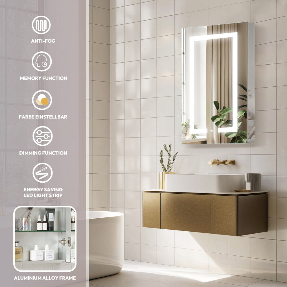 Santona Wall Medicine Cabinet, Frameless LED Mirror, Silver, 20"w X 32"h