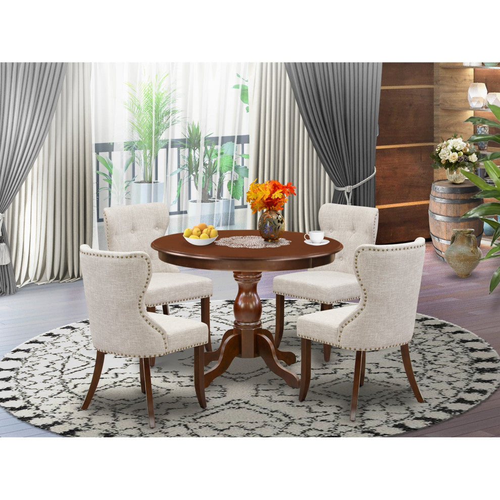 5 Pc Dining Set, Mahogany Kitchen Table, 4 Doeskin Parson Chairs Button Tufted