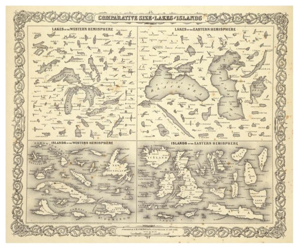 "Comparative Size of Lakes and Islands, 1856" Print by G.W. Colton, 32"x27"