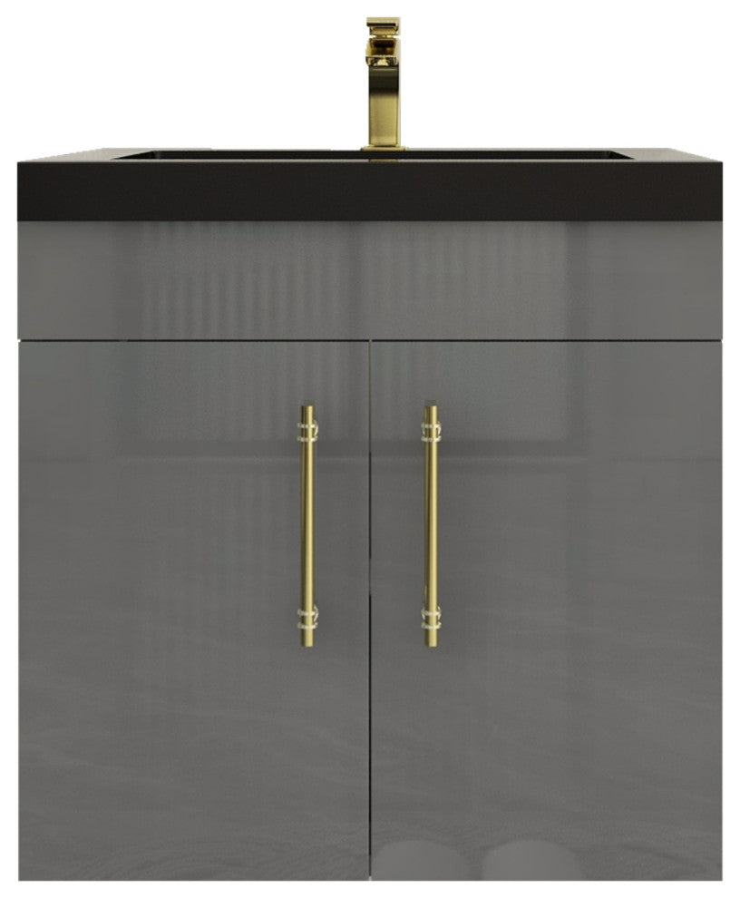 Rosa 24" WALL MOUNTED Modern Vanity, High Gloss Gray, Matt Black Top