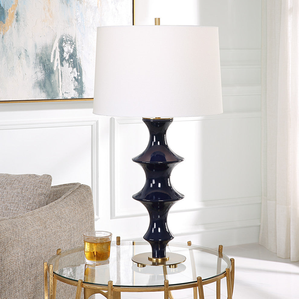 Modern Ridged Cobalt Blue Ceramic Table Lamp 29 in Fluted Chinoiserie Style