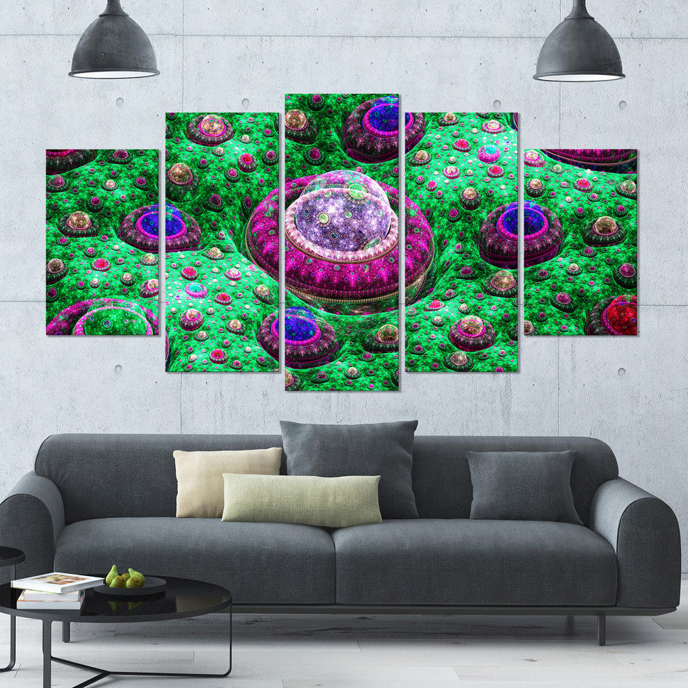 Green Fractal Exotic Planet, Contemporary Canvas Art Print, 60"x32", 5 Panels