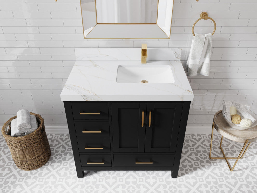 Malibu 36" Right Offset Bath Vanity in Black 2" Calacatta Sienna